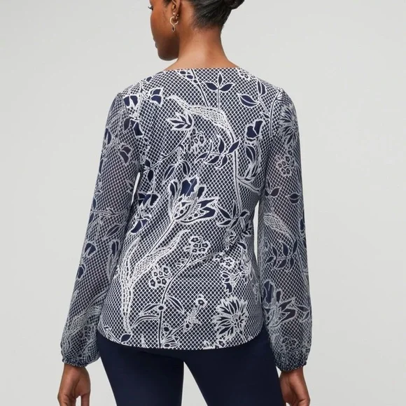 White House Black Market Navy and White Floral Blouse - Picture 3 of 5